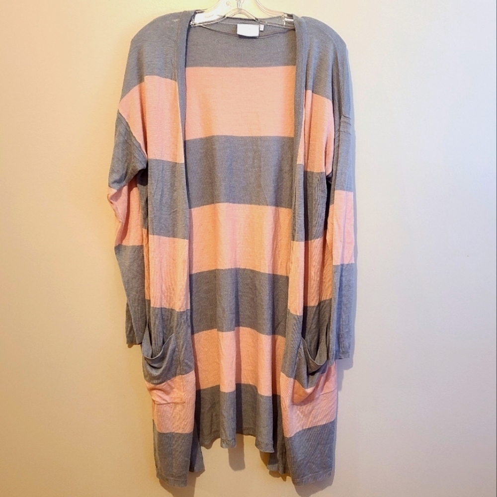 Kaffe Peach and Grey Stripped Long Cardigan